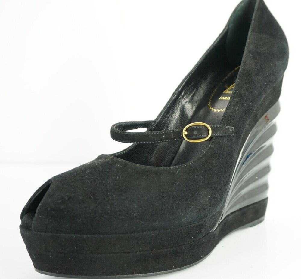 Saint Laurent Suede Mary Jane Winged Molded Wedge Pumps